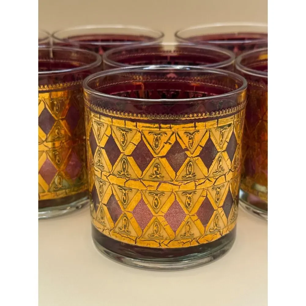 🥃 Vintage Mid Century Amber Gold Pattern Rocks Glasses Set of 8